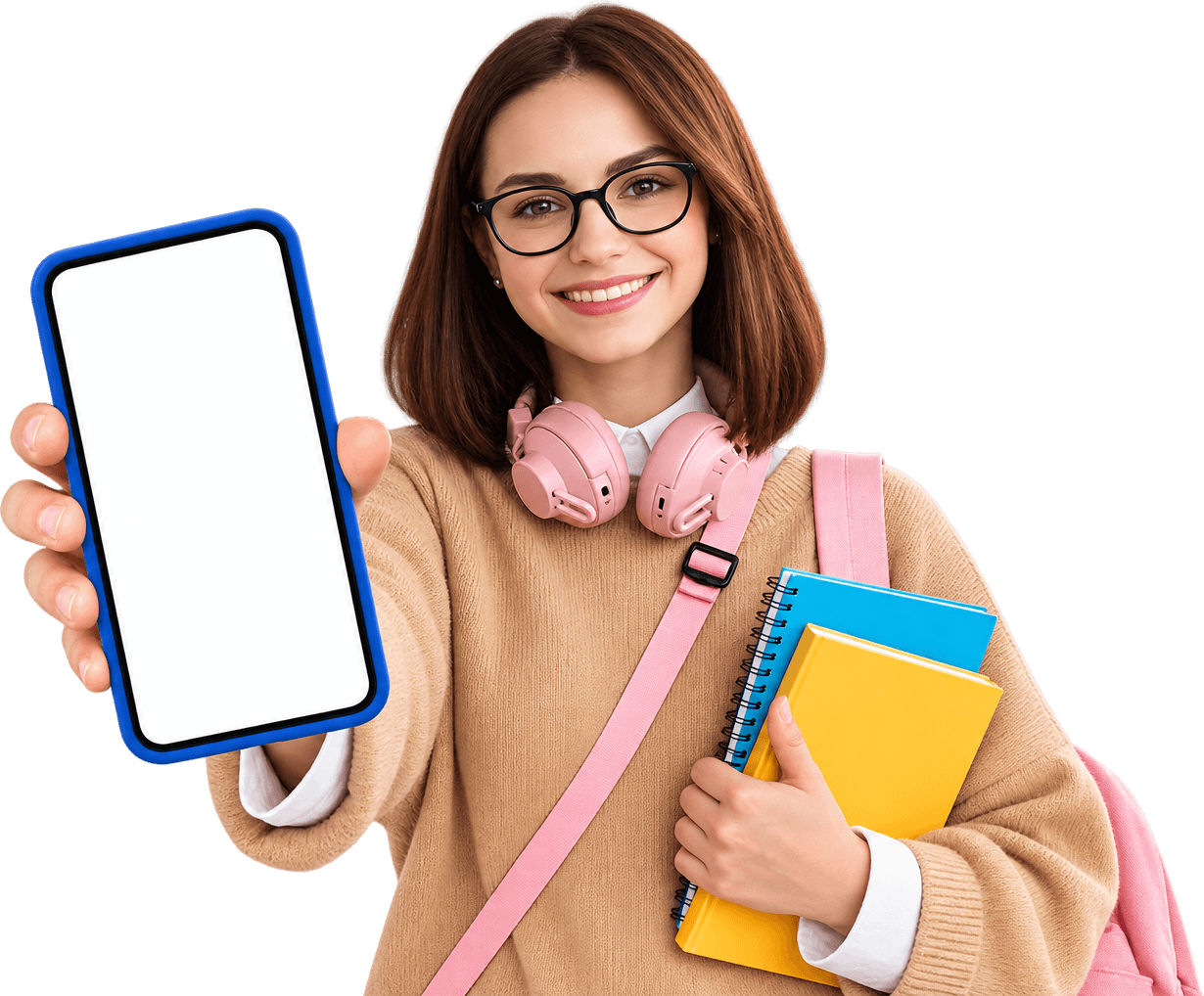 A student holding a phone showing the Cosynced feed