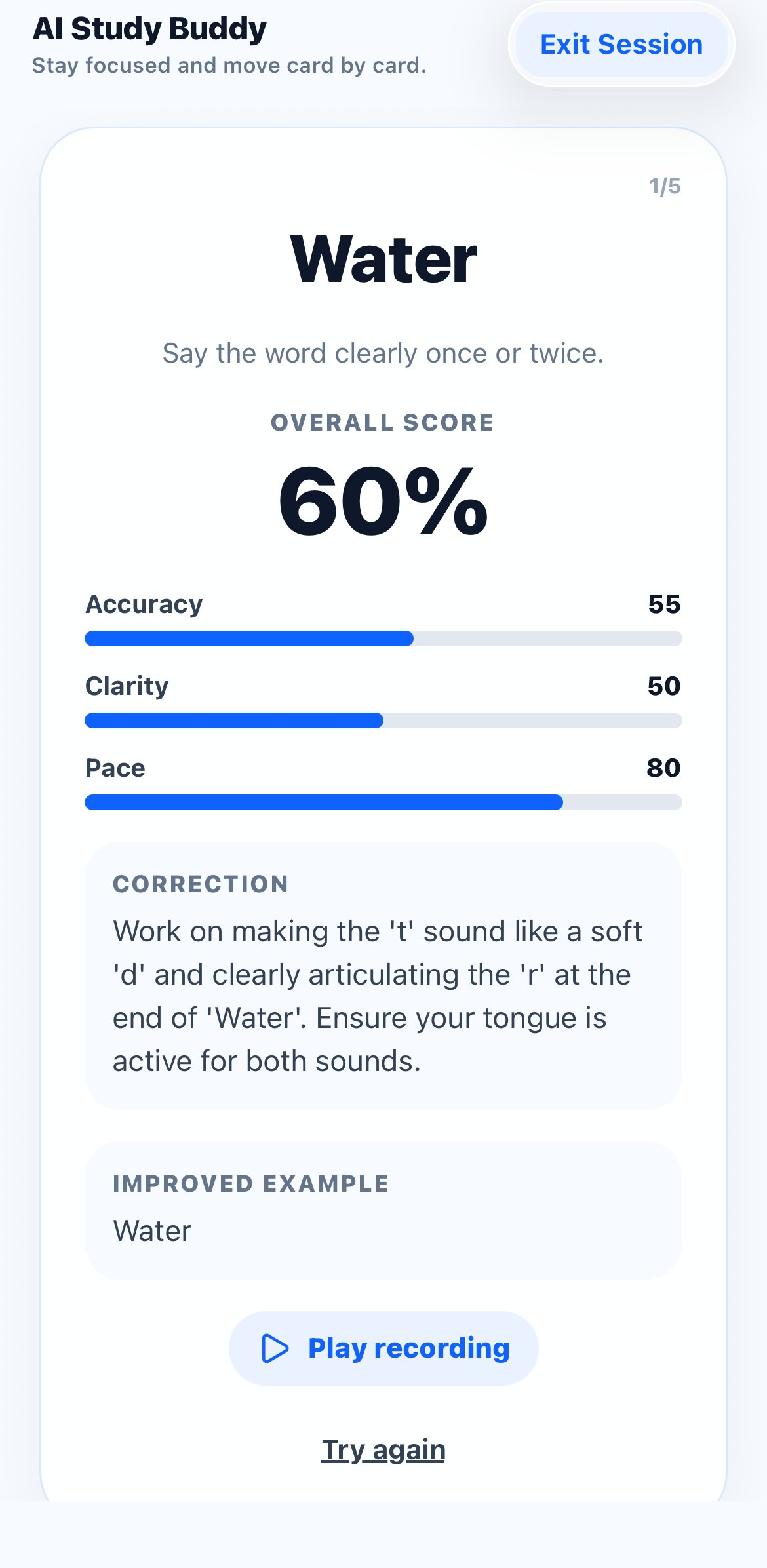 Cosynced AI Study Buddy score card with accuracy, clarity, and pace ratings
