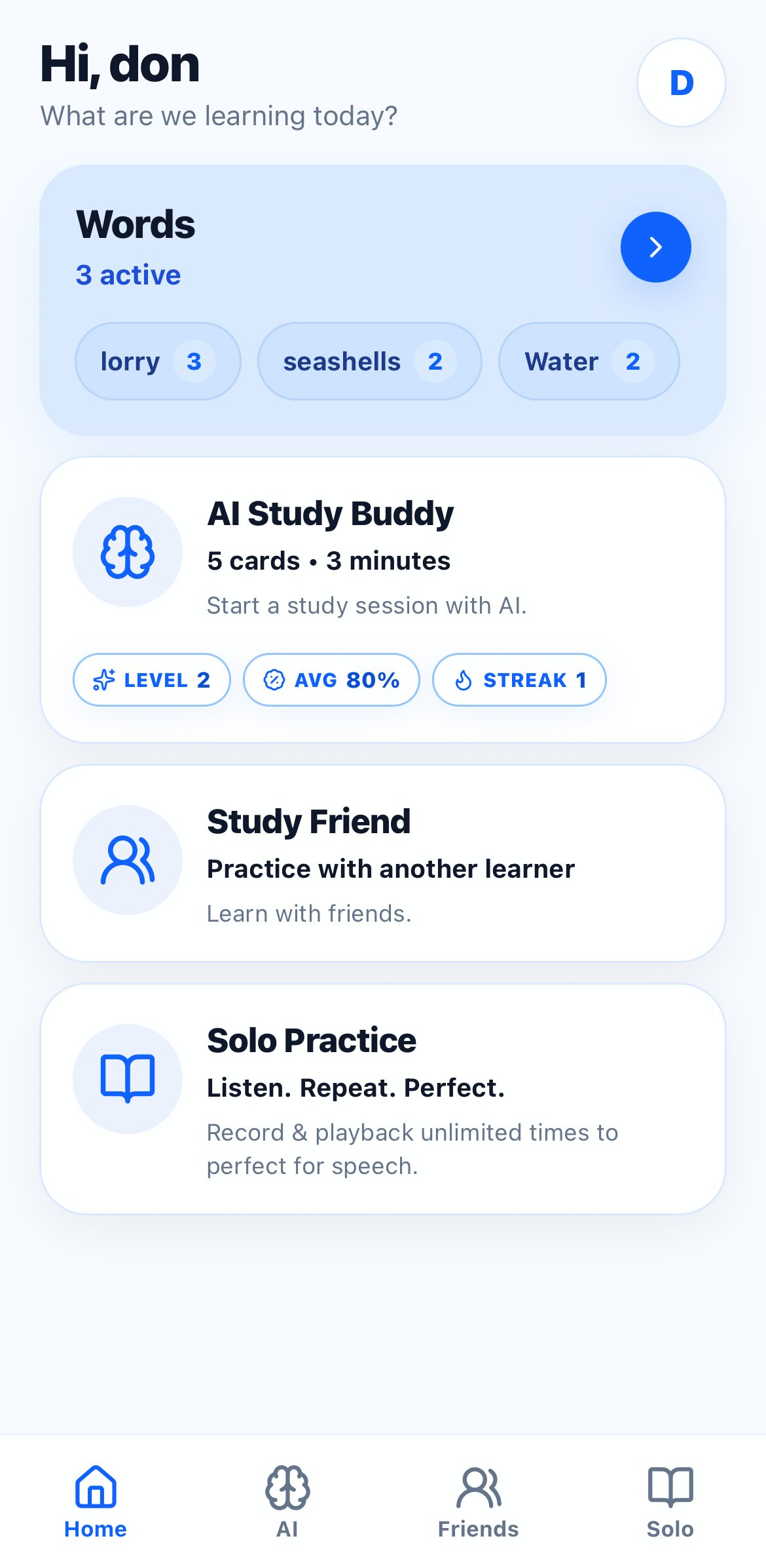 Cosynced home screen showing AI Study Buddy, Study Friend, and Solo Practice