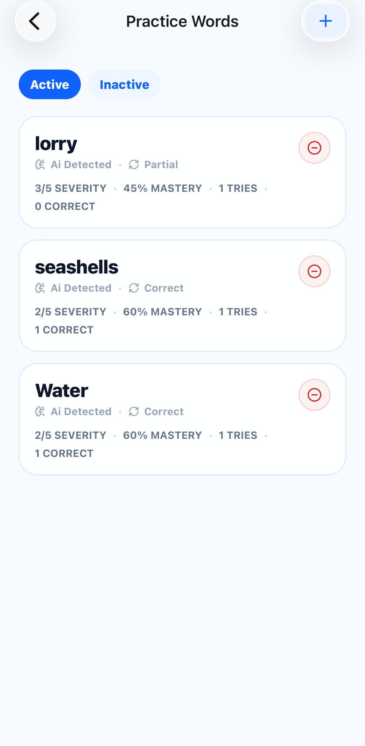 Cosynced practice words list tracking active words with mastery data