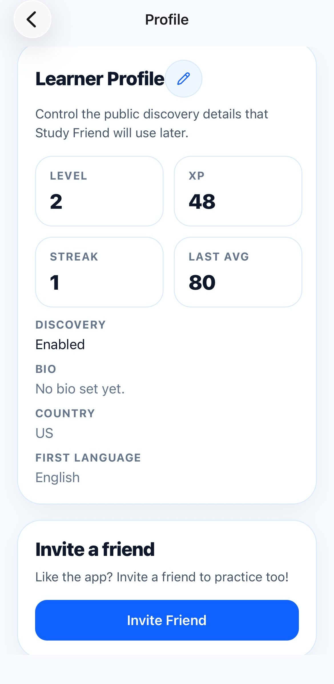 Cosynced learner profile showing level, XP, streak, and average score