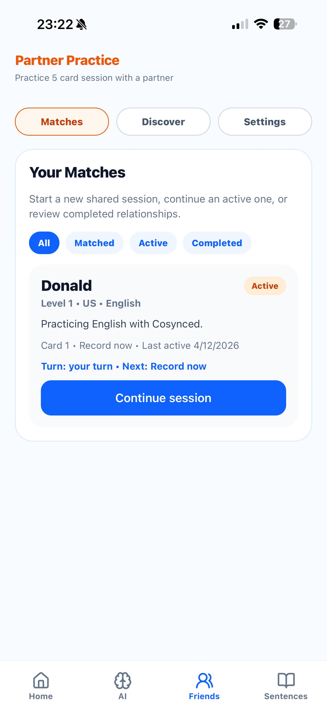 Cosynced Partner Practice screen showing an active study session with a friend