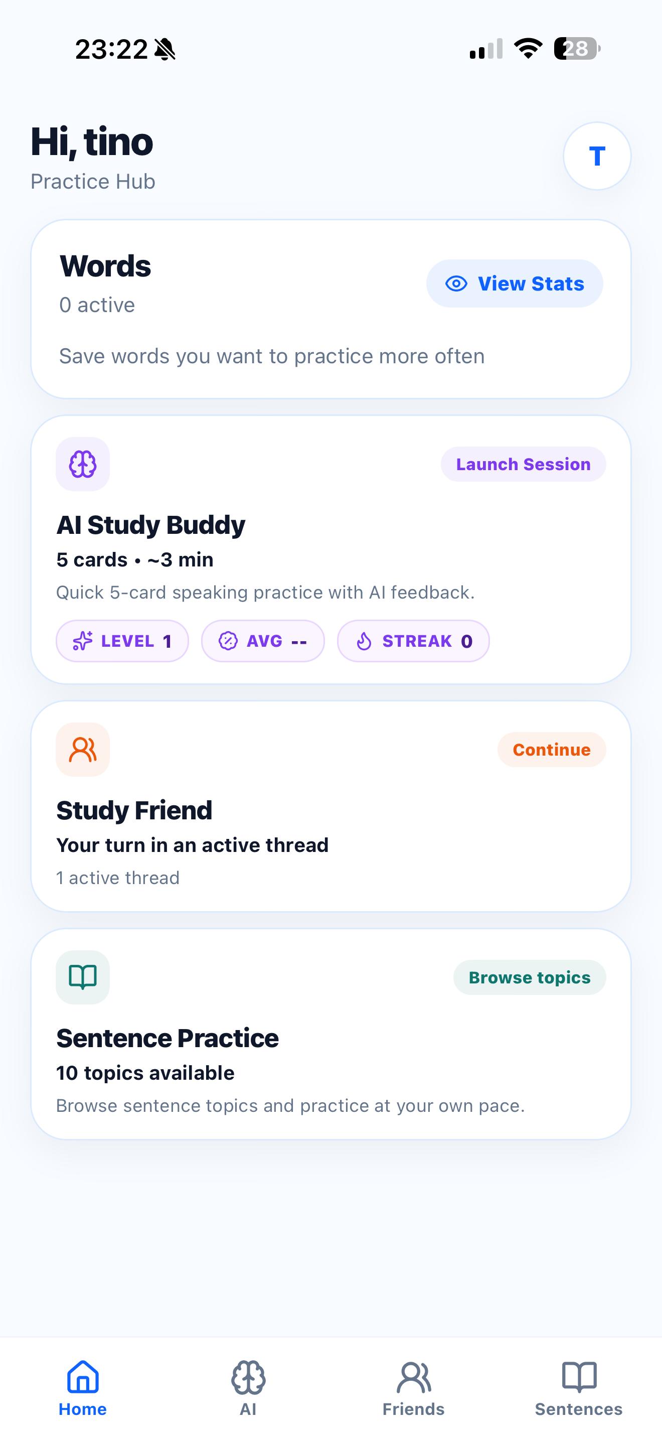 Cosynced Practice Hub showing AI Study, Study Friend, and Sentence Practice