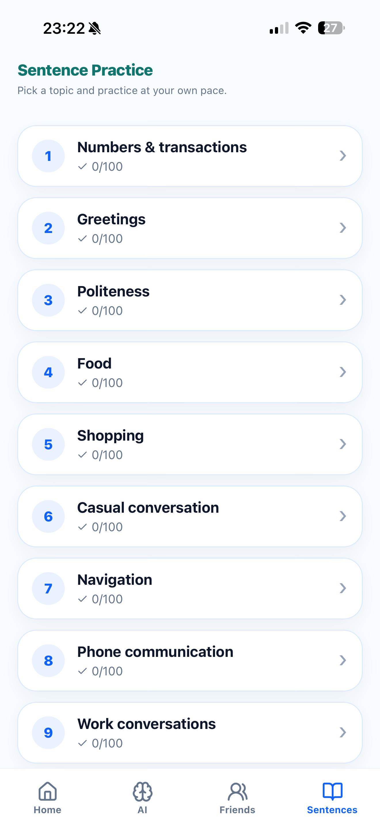 Cosynced Sentence Practice screen showing 10+ everyday topics to choose from