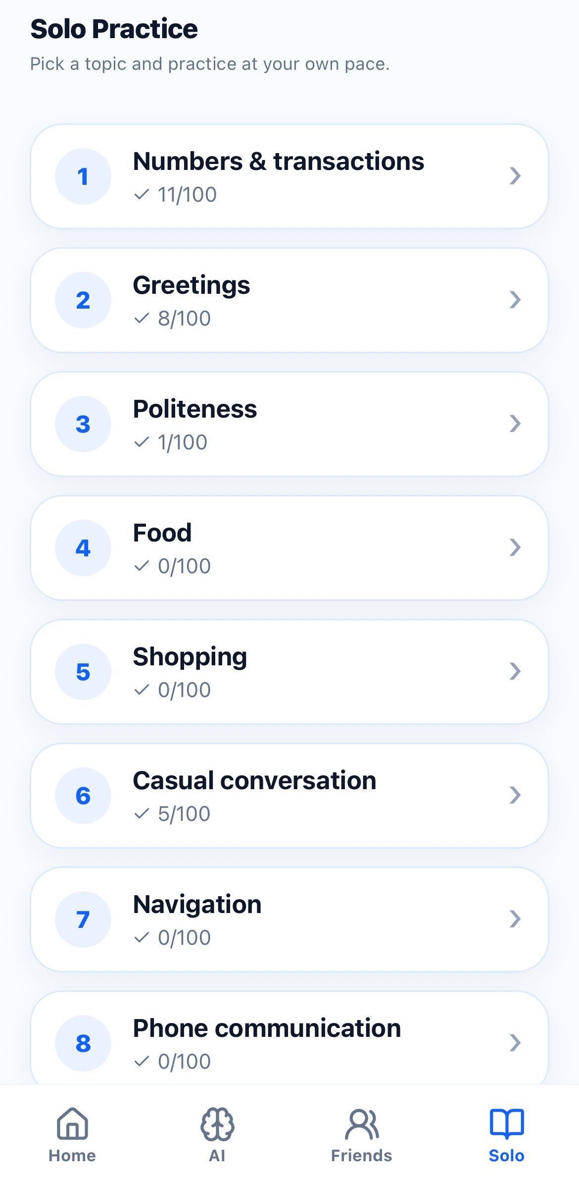 Cosynced Solo Practice topic list showing everyday topics and progress